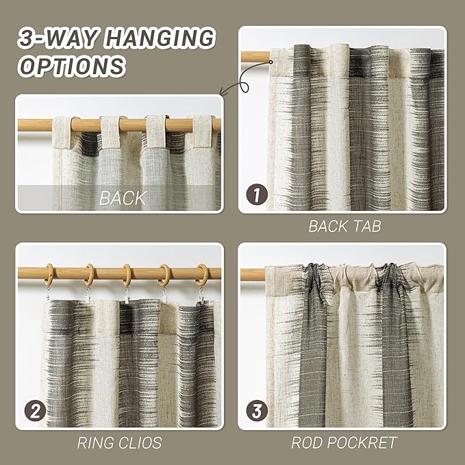 MYSKY HOME Ceiling Curtains for Living Room, Farmhouse Style Lines Printed Curtains 95 Inches Long Semi Sheer Drapes for Living Room, Modern Style Room Divider Curtains, 50"x95", Khaki, 2 PCs