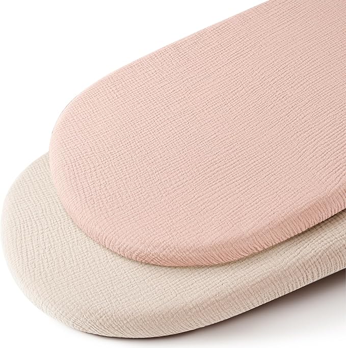 Konssy 2 Pack Muslin Fitted Bassinet Sheets for Girl Boy, Soft Breathable Baby Bassinet Sheets Fit for Baby Bassinets, Cradle, Moses Basket Oval Rectangle Pad/Mattress (Pink,Summer Wheat)