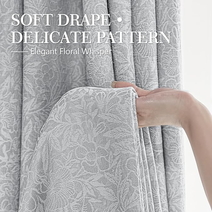 Metro Parlor Grey Floral Blackout Curtains 96 Inches Long for Bedroom, Jacquard Chenille French Vintage Flower Curtains for Living Room Darkening Thermal Insulated Gray Grommet Window Drapes,2 Panels