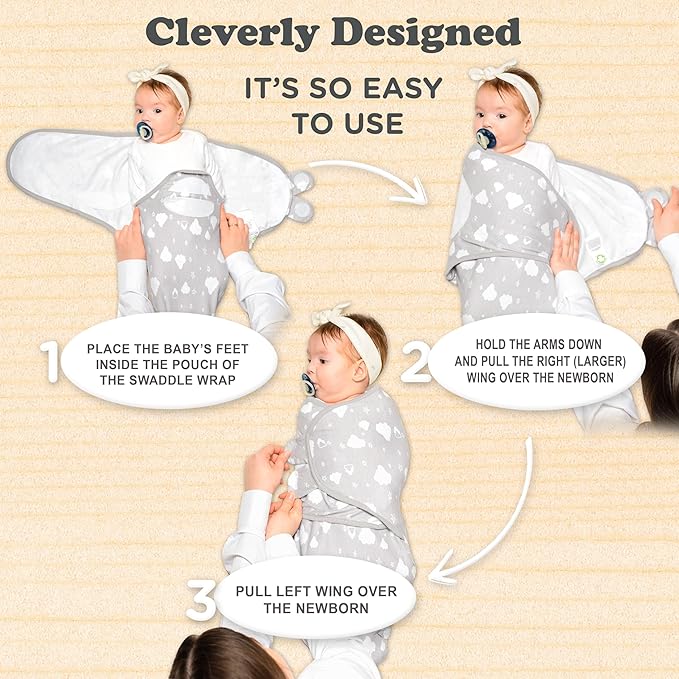 Bublo Baby Swaddles for Newborns – 3-Pack Infant Swaddles 3-6 Months – Adjustable Swaddle Sleep Sack – Soft Organic Cotton Baby Wrap for Safe & Cozy Sleep (White Grey)