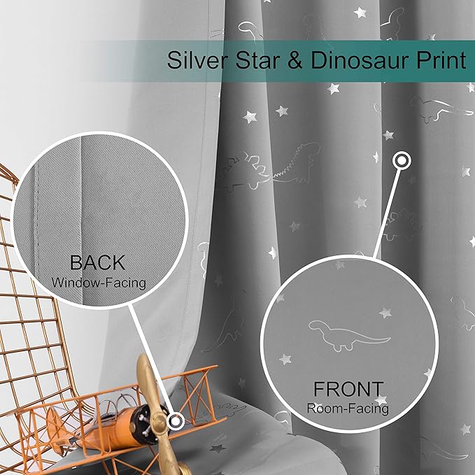 LORDTEX Dinosaur and Star Foil Print Blackout Curtains for Kids Room - Thermal Insulated Curtains Noise Reducing Window Drapes for Boys and Girls Bedroom, 52 x 45 Inch, Light Grey, Set of 2 Panels