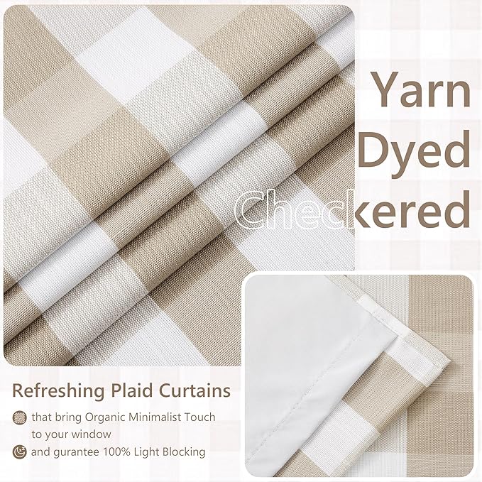 Amzdecor Beige White Buffalo Plaid Full Blackout Curtains 90 Inch Long for Bedroom Living Room Farmhouse Check Patterned Drapes Thermal Insulated Soundproof Grommet Window Treatment, 2 Panels, 52"x90"