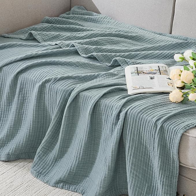 EMME Cotton Muslin Throw Blanket Couch Breathable Gauze Blanket Soft Lightweight Adults (Heather Teal, 50"x60")