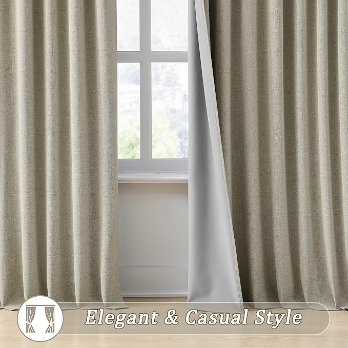 RAIN CITY Blackout Taupe Curtains 92 Inch Long for Bedroom Living Room Linen Textured Farmhouse Room Darkening/Thermal/Noise Reduction Window Treatment Drapes with Hooks 2 Panels, 2x50Wx92L in