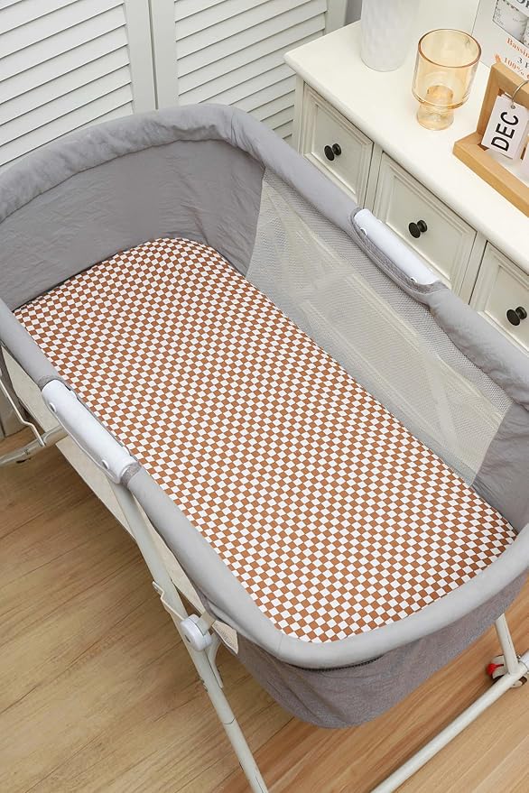 Onacosht Muslin Bassinet Sheets 3 Pack, 100% Cotton Baby Fitted Sheet 33" X 17" for Standard Rectangle Round Oval and Hourglass Bassinet Mattress, Checker and Sun Moon
