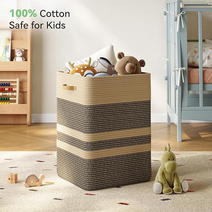 87L Laundry Hamper,Laundry Basket with Leather Handles,Woven Storage Basket for Toys,Pillows,Blankets,Clothes,Dark Brown