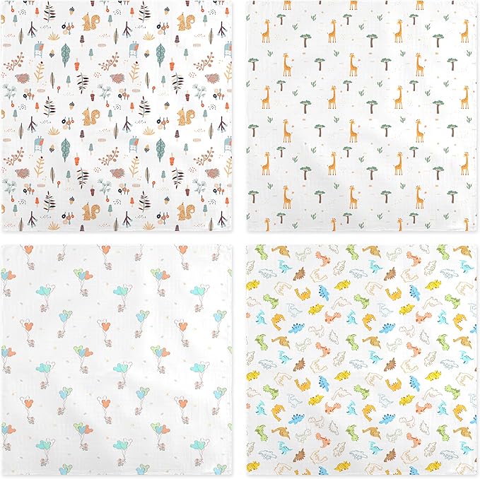 4-Pack 100% Cotton Muslin Swaddle Blankets, Large 47 x 47 Inches — Breathable Soft Receiving Blankets for Newborns, Swaddling Wraps, Baby Essentials, Registry Gift (Wild Jungle Friends)