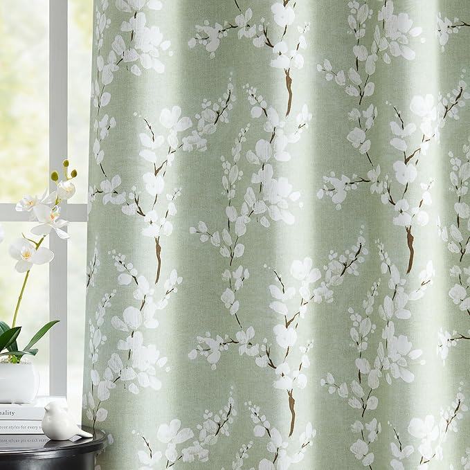 FMFUNCTEX Green Kitchen Valance Curtain for Windows Bathroom Living Room Bedroom, Blossom Blackout Window Valance Thermal Insulated Rod Pocket Valance Curtains, 50" W x 18" L, Sage Green and White