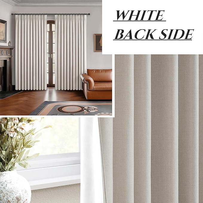 Curtains 100 Inch Length Extra Wide Pinch Pleated Blackout for Sliding Glass Door/Living Room, Farmhouse Natural Linen Thick Boho Bedroom Heavy Duty Insulated Large Window Drapes (100"Wx90"Lx2Panels)