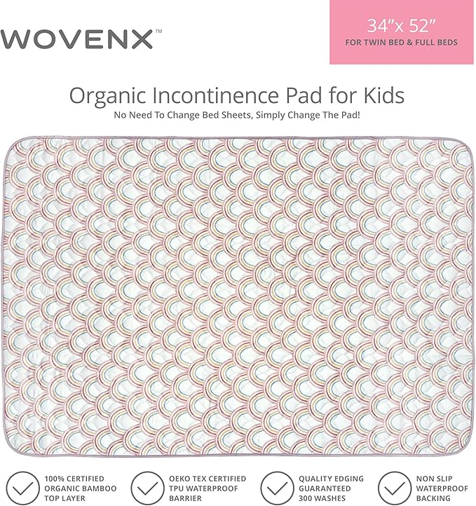 WOVENX Organic Incontinence Pads for Kids & Toddlers - 5 Layer Waterproof Protectors for Overnight Bed Wetting - Reusable & Washable Pee Pads - Fits Twin to Full Size Beds - 34" x 52" Rainbow