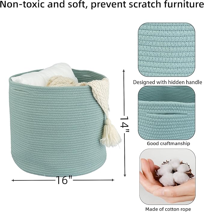 Cotton Rope Basket For Girls Boys Kids 16”X14” Baby Laundry Baskets Nursery Bin Round Woven Basket Organizer For Storage Toys Blankets Shoes Clothes green