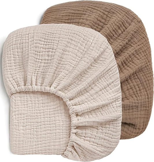 Pro Goleem Muslin Crib Sheets, 100% Cotton Crib Sheets for Boy Girl, 2 Pack Breathable Soft Neutral Baby Bed Sheets Set, Fits Standard Crib Mattress & Toddler Mattress 52"x28", (Brown＆Beige)