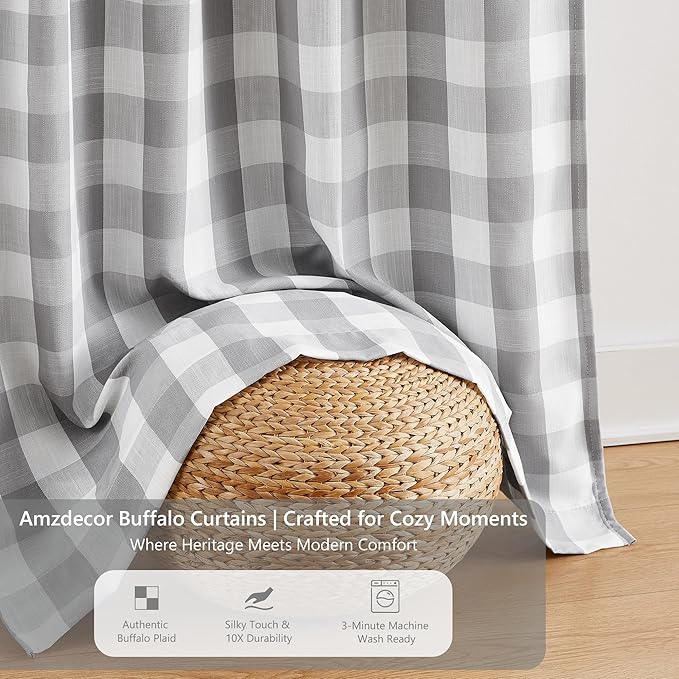 Amzdecor Gray White Buffalo Plaid Full Blackout Curtains 90 Inch Long for Bedroom Living Room Farmhouse Check Patterned Drapes Thermal Insulated Soundproof Grommet Window Treatment, 2 Panels, 40"x90"