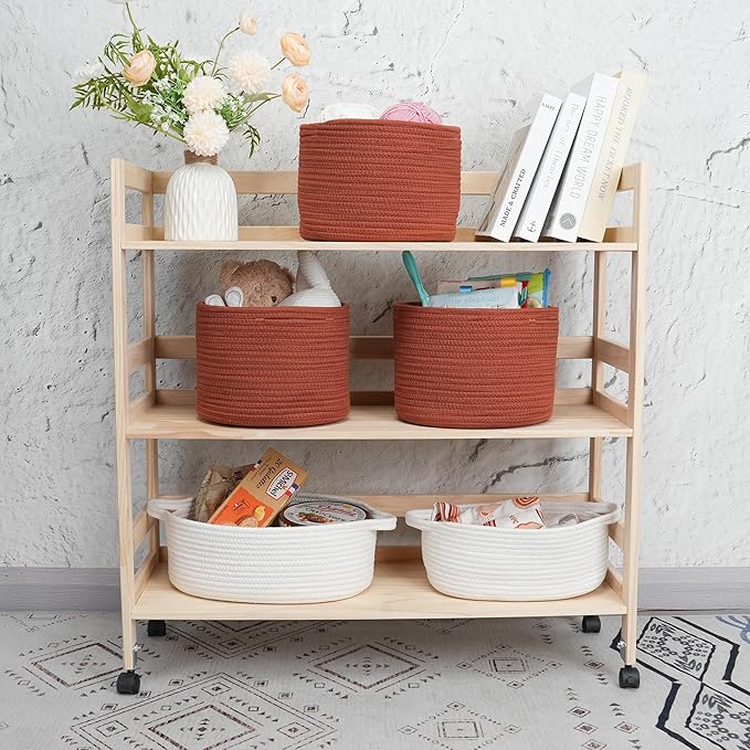 Woven Cotton Storage Baskets - 3-Pack Round Bins (10x10x7'') for Shelves, Closets & Bookcases | Durable Rope Organizers for Nursery, Baby, Toys, Easter & More (rustic)