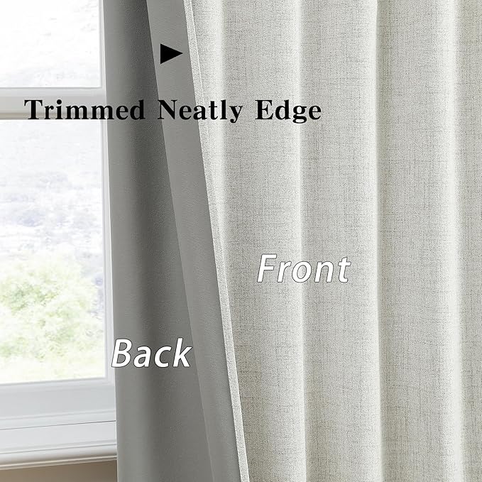94 Inch Long Blackout Curtains 2 Panels,Pleated Back Tab Rod Pocket with Hooks,Solid Rustic Heat Reflective Linen Textured Dark Out Darkening Curtains for Living Room 50W x 94L Natural Cream