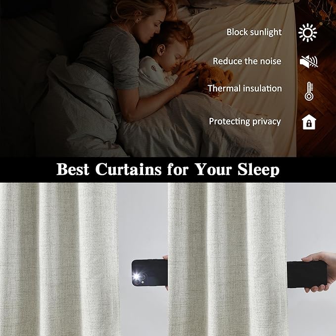 Linen Blend Blackout Curtains 120 Inch Long 2 Panels Set,Rod Pocket Back Tab Farmhouse Track System Curtains for Living Room 10 FT Length Extra Long Light Blocking Pleated Window Drapes,Natural