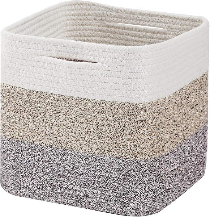 Cube Storage Bin 11" x 10.5" x 10.5" Cotton Rope Basket Square Woven Storage Basket for Shelves, Closet Organizer, Soft Towel Sock Basket, Gradient/White Brown, 1 Pack