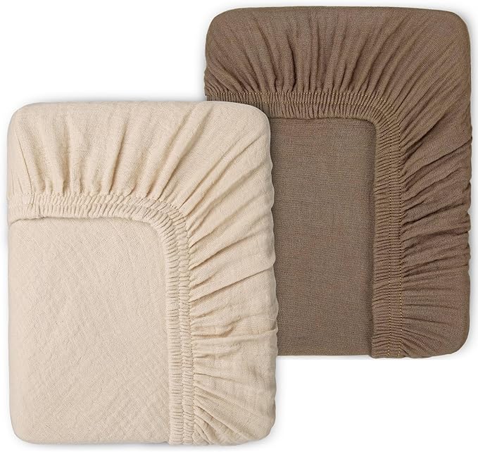 PET REJOIR 2 Pack Muslin Fitted Crib Sheets for Baby Girls & Boys-Neutral Breathable Crib Mattress Protector for Standard Crib Mattress(28"x 52")-Soft No Slip Cotton Bedding-Taupe Brown & Light Beige