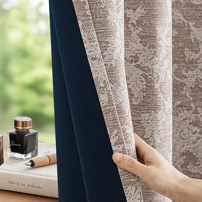 FMFUNCTEX Rust Brown Floral Jacquard Blackout Curtains 96 Inches Long for Bedroom, Scroll Flower Chenille Farmhouse Curtains for Living Room Darkening Thermal Insulated Grommet Window Drapes 2 Panels