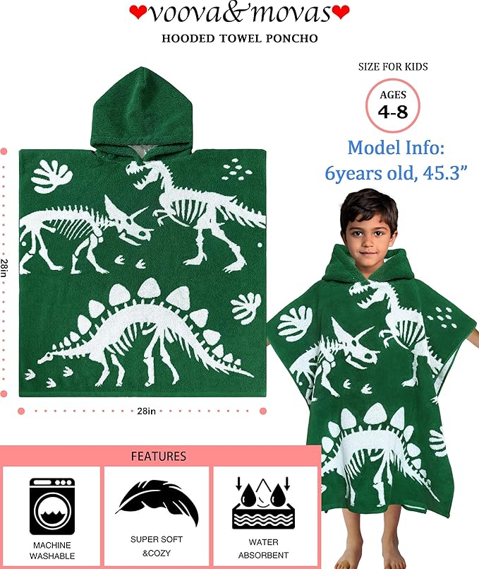 VOOVA & MOVAS Dinosaur Hooded Poncho Towels for Kids (4-8Years,28"x28"),Soft Cotton Thick Absorbent Towel Robe for Toddler Boys,Perfect for Bathroom | Pool | Swimming, Jacquard Green Dino
