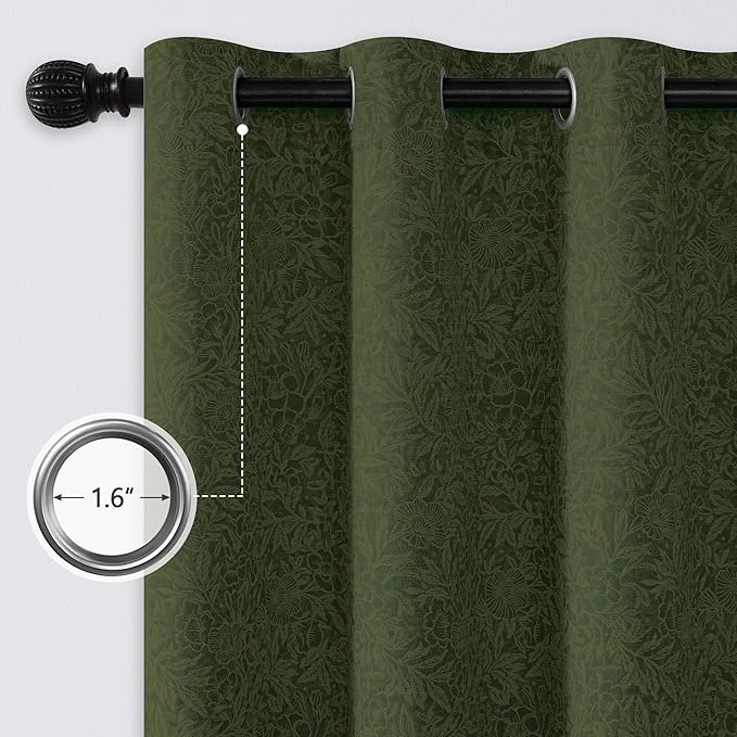 Metro Parlor Green Floral Blackout Curtains 63 Inch Length for Bedroom, Jacquard Chenille Patterned Vintage Flower Curtains for Living Room Darkening Thermal Insulated Grommet Window Drapes, 2 Panels