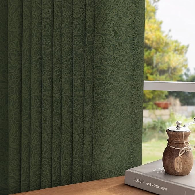 Metro Parlor Green Floral Blackout Curtains 96 Inches Long for Bedroom, Jacquard Chenille Patterned Vintage Flower Curtains for Living Room Darkening Thermal Insulated Grommet Window Drapes, 2 Panels