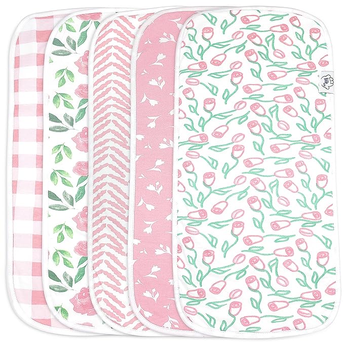 Baby Burp Cloths - 5 Pack Large - Double Layered Top Layer 100% Cotton and Bottom Layer 100% Polyester Fleece Absorbent Burping Cloth Extra Absorbent Baby Burp Cloth Extra Soft for Girls