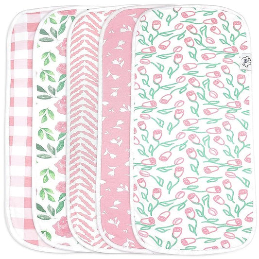 Baby Burp Cloths - 5 Pack Large - Double Layered Top Layer 100% Cotton and Bottom Layer 100% Polyester Fleece Absorbent Burping Cloth Extra Absorbent Baby Burp Cloth Extra Soft for Girls