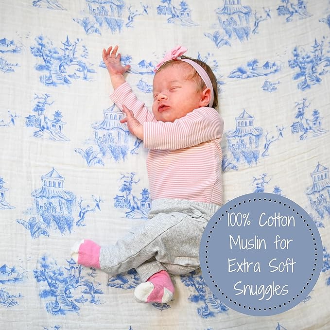 LollyBanks Muslin Swaddle Blankets 2PACK, 100% Cotton Baby Blanket 47 x 47 Inches, Large Baby Swaddle Breathable, Muslin Blankets for Girls (Pink Bow and Chinoiserie Print)