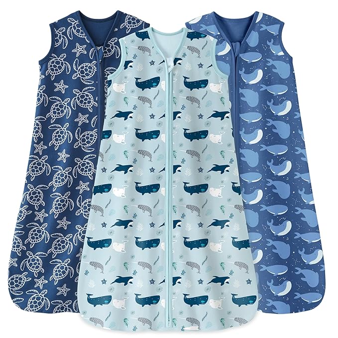 Unnivoll Baby Sleep Sack 6-12 Months 0.5 Tog Wearable Blanket Baby, 3 Pack 100% Cotton Lightweight Sleeping Sack with 2-Way Zipper for Newborn Infant Shark