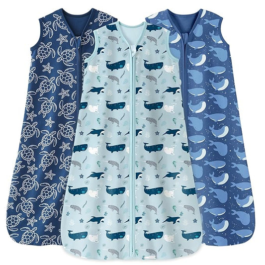Unnivoll Baby Sleep Sack 6-12 Months 0.5 Tog Wearable Blanket Baby, 3 Pack 100% Cotton Lightweight Sleeping Sack with 2-Way Zipper for Newborn Infant Shark