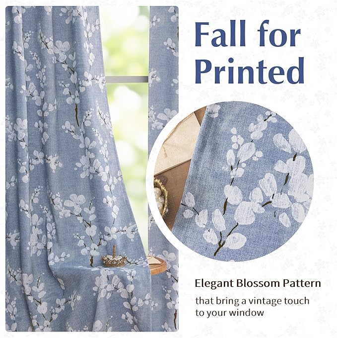 FMFUNCTEX 100% Blackout Floral Curtains for Bedroom, Blue Curtains 90 inches Long Blossom Flower Patterned for Living Room,Thermal Insulated Farmhouse Drapes, Grommet Top 2 Panels (White on Blue)
