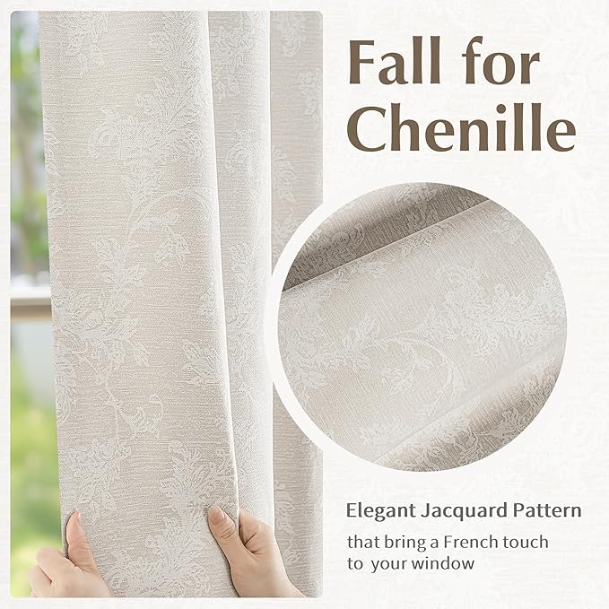 FMFUNCTEX Beige Floral Jacquard Blackout Curtains 108 Inches Long for Bedroom, Scroll Flower Chenille Farmhouse Curtains for Living Room Darkening Thermal Insulated Grommet Window Drapes 2 Panels