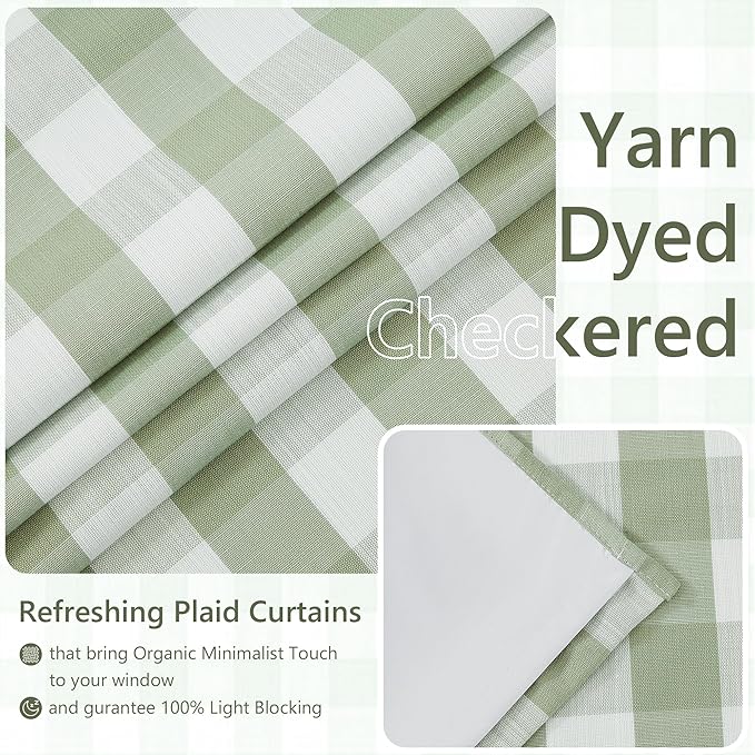 Amzdecor Sage Green White Buffalo Plaid Full Blackout Curtains 84 Inch for Bedroom Living Room Farmhouse Check Patterned Drapes Thermal Insulated Soundproof Grommet Window Treatment, 2 Panels, 40"x84"