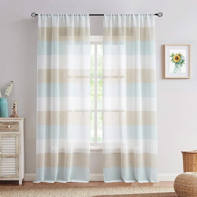 Central Park Tan and Spa Blue Stripe Sheer Color Block Window Curtain Panel Linen Window Treatment for Bedroom Living Room Farmhouse 95 inches Long Rod Pocket, 2 Panel Rustic Drapes, 40"x95"x2