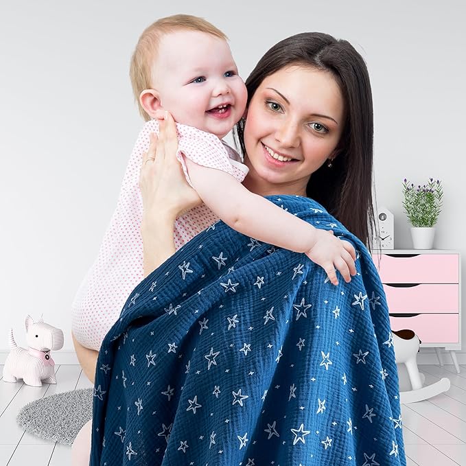 3-Pack 100% Cotton Muslin Swaddle Blankets, Large 47 x 47 Inches — Breathable Soft Receiving Blankets for Newborns, Swaddling Wraps, Registry Gift (Bold Blue Mix)