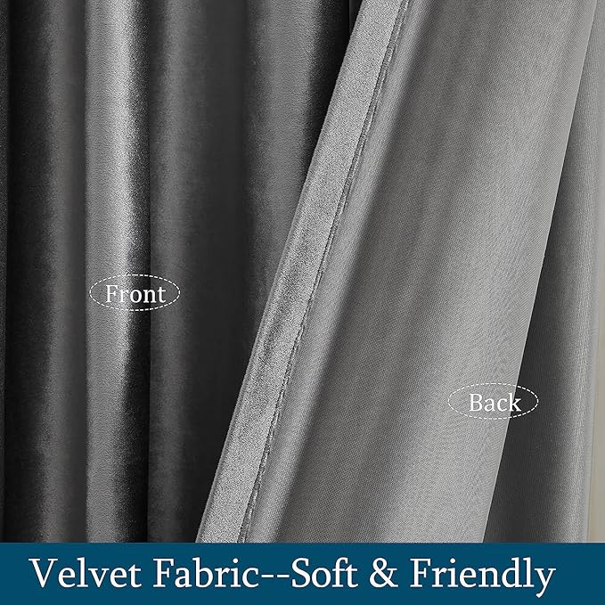 PRIMROSE Dark Grey Velvet Curtains 120 inch Long for Living Room,Set of 2 Panels Blackout Rod Pocket Back Tab Window Treatment Room Darkening Heavy Decorative Curtains Drapes for Bedroom