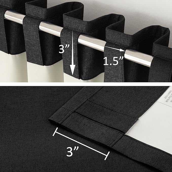 DUALIFE 96 Inch Curtains 2 Panel Set Farmhouse Blackout Heat Reducing Sun Block Out Curtains for Bedroom Dorm UV Blocking Noise Canceling Burlap Linen Look Drapes Rod Pocket Back Tab,50 X 96 Black