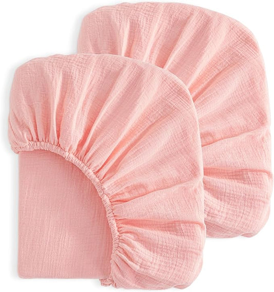 NTBAY 2 Pack Muslin Cotton Crib Sheets, Soft and Breathable Double Layer 28x52 Baby Crib Sheets for Standard Crib and Toddler Mattresses, Boys, Girls, Unisex, Coral Pink, 28x52 Inches
