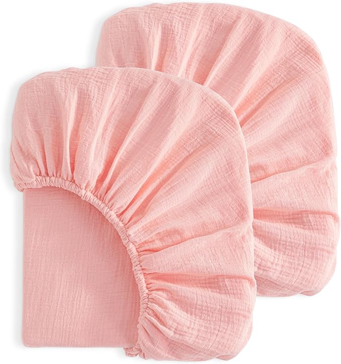 NTBAY 2 Pack Muslin Cotton Mini Crib Sheets, Soft and Breathable Double Layer 24x38 Baby Crib Sheets for Mini Crib and Toddler Mattresses, Boys, Girls, Unisex, Coral Pink, 24x38 Inches