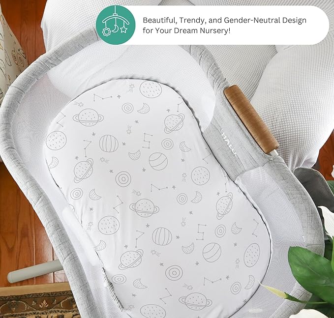 TansyPanda Halo Bassinet Sheets for BassiNest Luxe Swivel, Soothing, Swivel, Lite, Essential Sleeper, 3 Pack, 33 X 17 Inch, Ultra Soft, Snug Fit, Unisex Boys Girls, Gray White (Space)