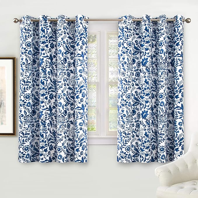 DriftAway Julia Watercolor Blackout Room Darkening Lined Thermal Insulated Energy Saving Window Curtains 2 Layers 2 Panels Each Size 52 Inch by 54 Inch Navy
