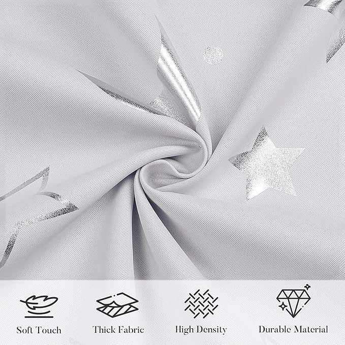 WUBODTI Grey White 100% Blackout Patterned Star Curtains 63 Inch Length for Kids Bedroom Nursery, Cute Baby Short Curtains Silver Star and Moon Galaxy Thermal Insulated Drapes, 2 Panel Sets