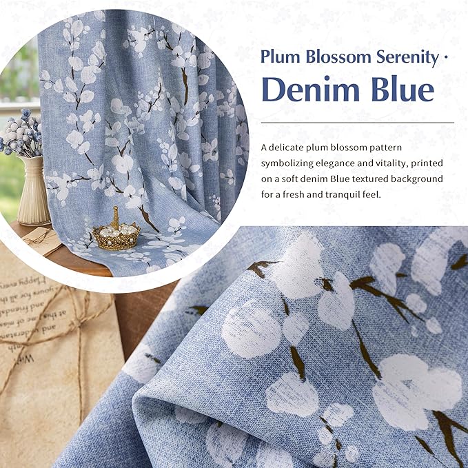 FMFUNCTEX 100% Blackout Floral Curtains for Bedroom, Blue Curtains 54 inch Length Blossom Flower Patterned for Living Room, Thermal Insulated Farmhouse Drapes, Grommet Top 2 Panels (White on Blue)