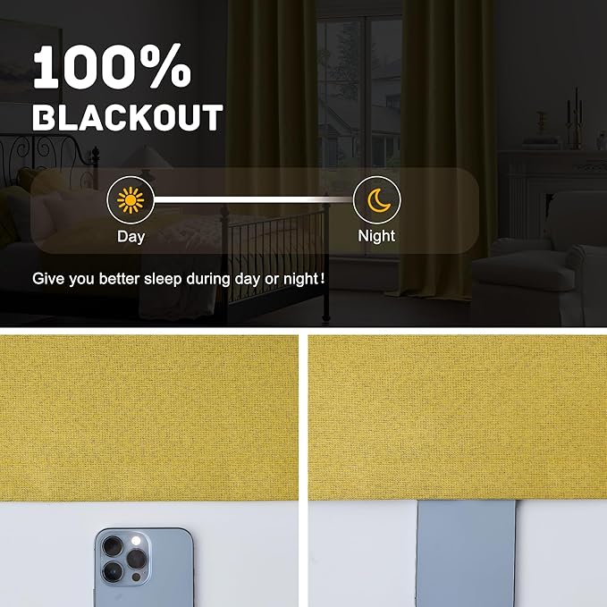 Gold 100% Blackout Linen Textured Curtains for Living Room, Bedroom, Light Weight Curtains with Grommets Top, Full Blackout Curtains Privacy Protection, Gold, 52" W x 72" L, 2 Panels