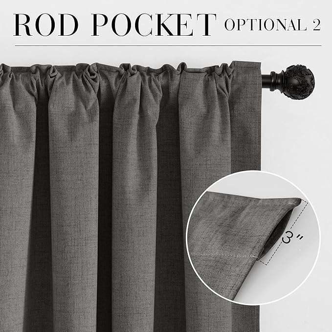 RYB HOME Grey 100% Blackout Linen Curtains 78 inch Long, Thermal Insulated & Privacy Assurd Home Decor Drapes for Bedroom/Office/Nursery, Rod Pocket & Back Tab Window Treatment, W52 X L78, 2 Panels