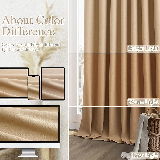 Guken 100% Blackout Curtains 90 Inch Length 2 Panels Set for Living Room Bedroom Back Tab Thermal Insulated Black Out Linen Drapes Room Darkening Window Curtains 90 Inches Long,Camel Brown