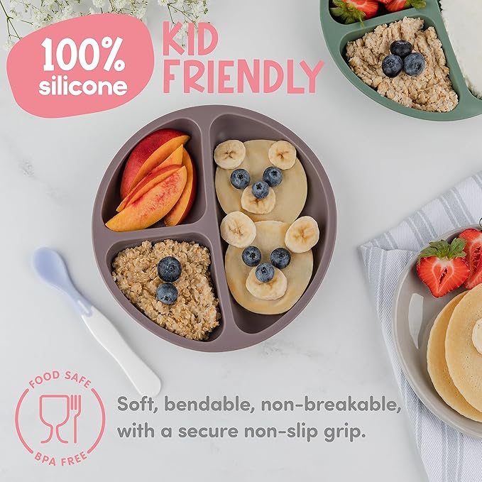 ChériKid Suction Plates for Baby, Toddlers - FEATURES SUPER STRONG QUADRUPLE SUCTION - 100% Food Grade Silicone Toddler Plates with Suction - Unbreakable Divided Kids Baby Plates