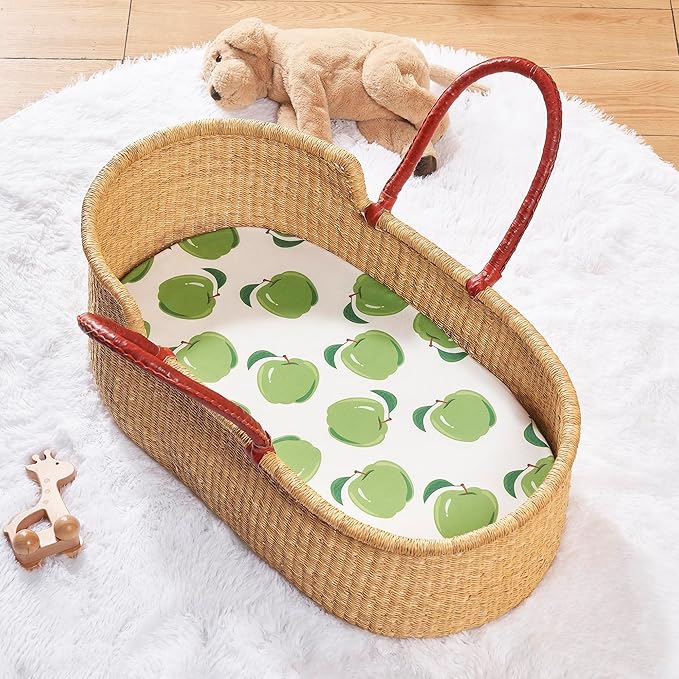 TILLYOU Baby Bassinet Sheets for Girls Boys 2 Pack Baby Sheets for Square Rectangle Oval Bassinet Mattress 33X16 Inch, Green Apple & Fruit Green