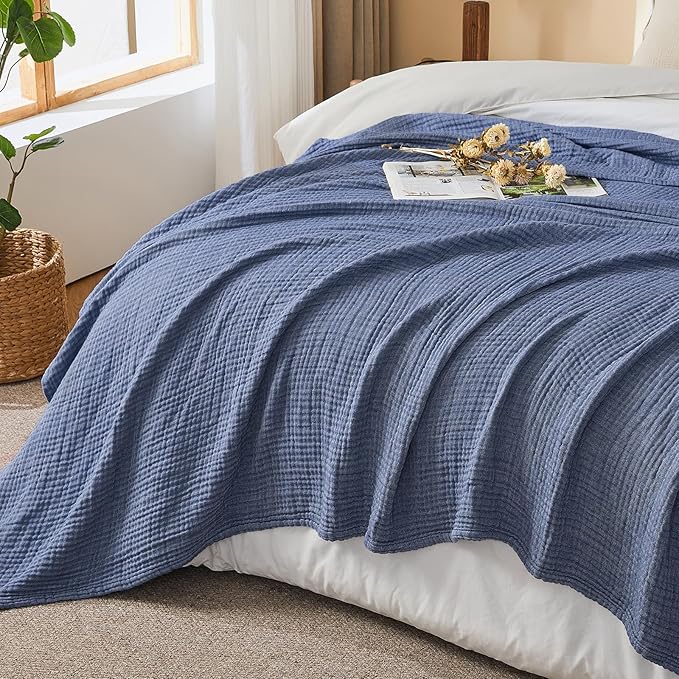 EMME Cotton Muslin Queen Blanket Bed Layering Bedspread Coverlet Breathable Gauze Soft Lightweight Adults (Heather Navy, 90"x90")